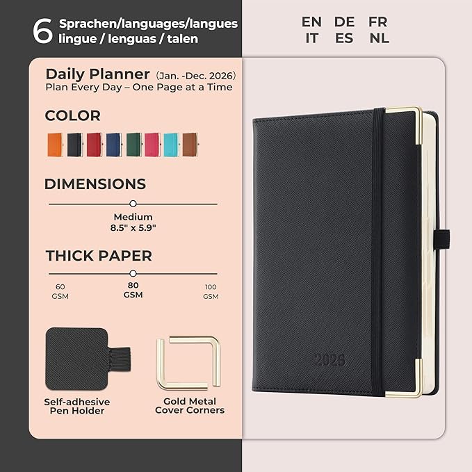 IN-luxpro Daily Planner 2026 with One Page Per Day,(A5-8.5" x 5.9"),12 Months Calendar Hourly Appointment Book Monthly Tabs & Self-adhesive Pen Holder,Inner Pocket, Vegan Leather Hardback,Black