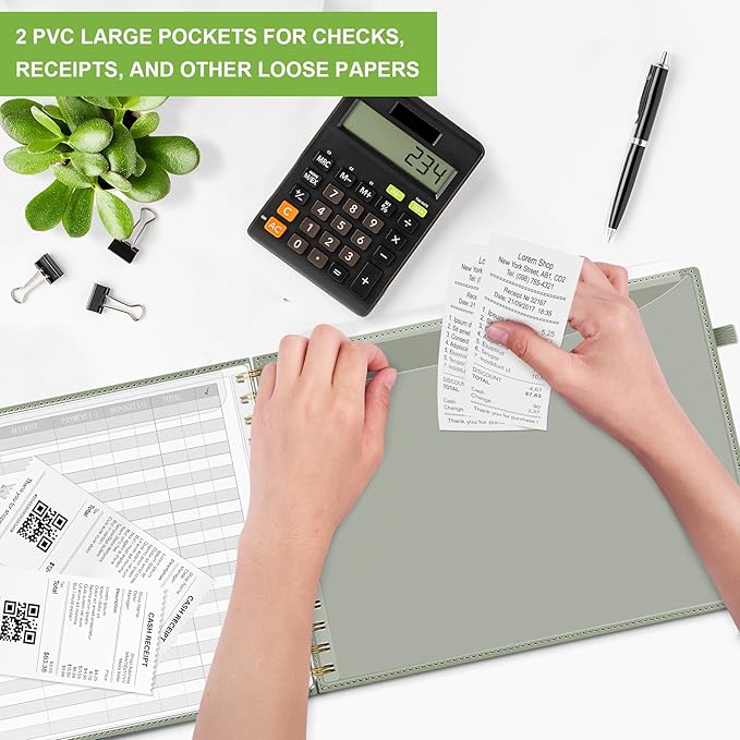 HAUTOCO Hardcover Accounting Ledger Book for Small Business Bookkeeping Horizontal Money Expense Tracker Notebook with 2 Storage Pouch, Personal Columnar Log Journal 10.78 x 8'', Olive Green