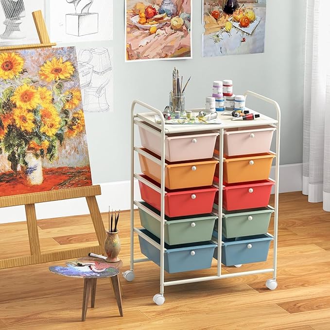 LDAILY 10 Drawer Rolling Cart, Storage Cart Organizer on Wheels, Drawer Cart with Metal Frame & Large Storage Capacity, Rolling Cart with Drawers for Living Room Classroom, Office
