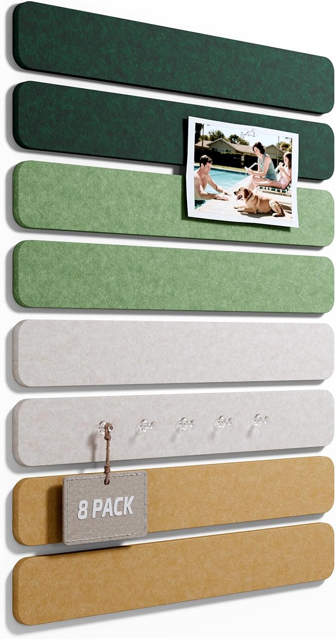Cork Board Alternative Felt Strip Board 8-Pack 13"x2", Office Pin Board with 50 Push Pins, Adhesive Install for Bedroom Door & Home Office(Moss Glimmer)