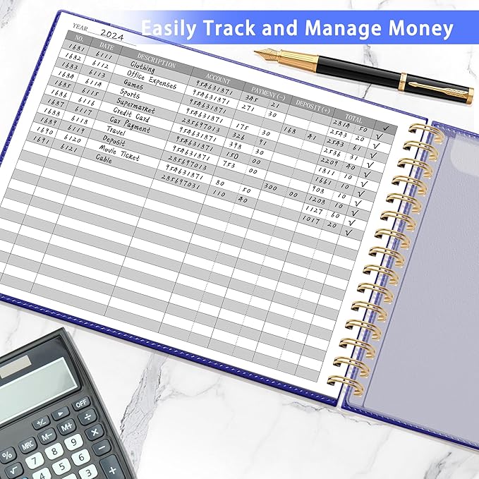HAUTOCO Hardcover Accounting Ledger Book for Small Business Bookkeeping Horizontal Money Expense Tracker Notebook with 2 Storage Pouch, Personal Columnar Log Journal 10.78 x 8'', Navy Blue