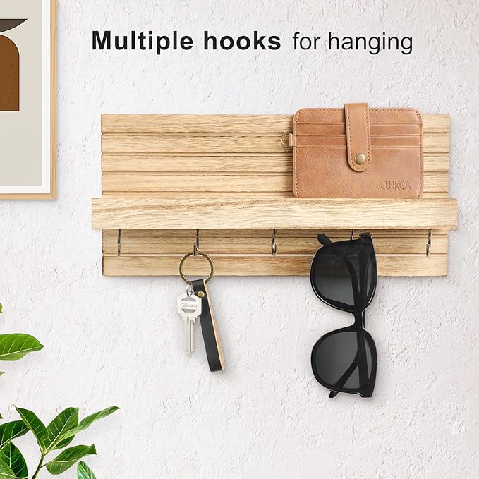 Lwenki Decorative Key Holder for Wall with Shelf, Entryway Shelf with Hooks Holds Leashes, Jackets and Glasses – Sturdy Wood Keyholder Entrance Hanger with Mounting Hardware (Wood, Medium)