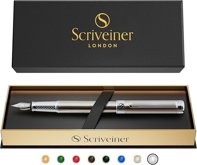 Scriveiner Stainless Steel Fountain Pen - Stunning Luxury Pen with Steel Finish, Schmidt Steel Nib (Fine), Best Pen Gift Set for Men & Women, Professional, Executive Office, Nice Designer Pens