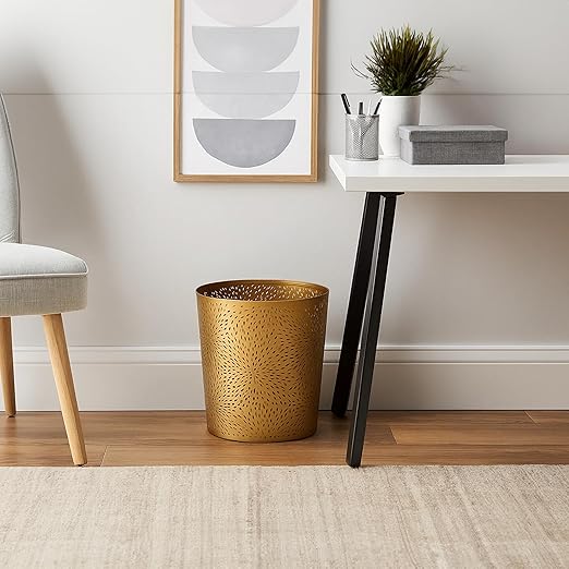 TUP THE URBAN PORT 10" Decorative Iron Wastebasket Trash Can | Matte Gold | Leaf Etched Design