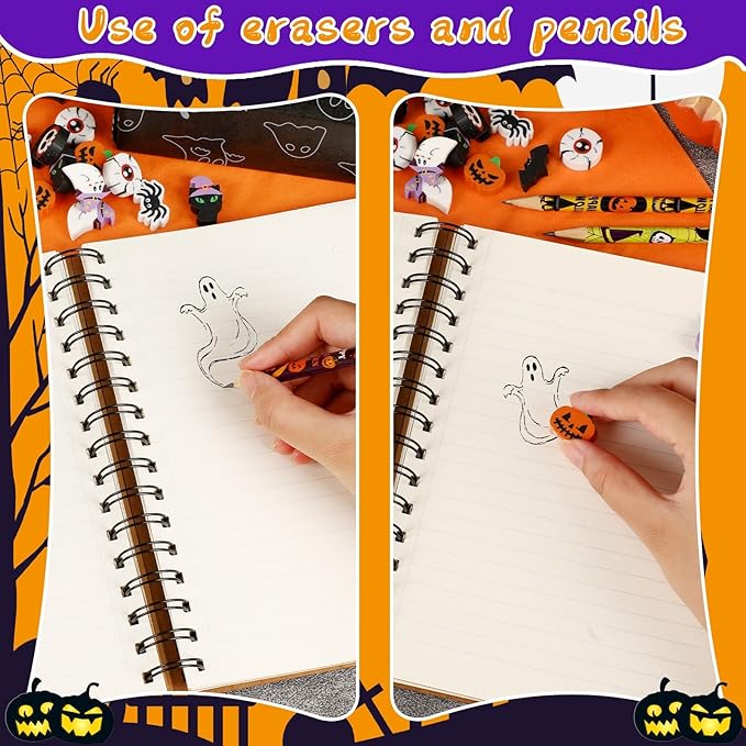 JULMELON 72PCS Halloween Party Favors Set,36PCS Halloween Pencils with 36PCS Ghost Pumpkin Skeleton Bat Spider Erasers, Wooden Pencils for School Classroom Office Party Reward Supplies