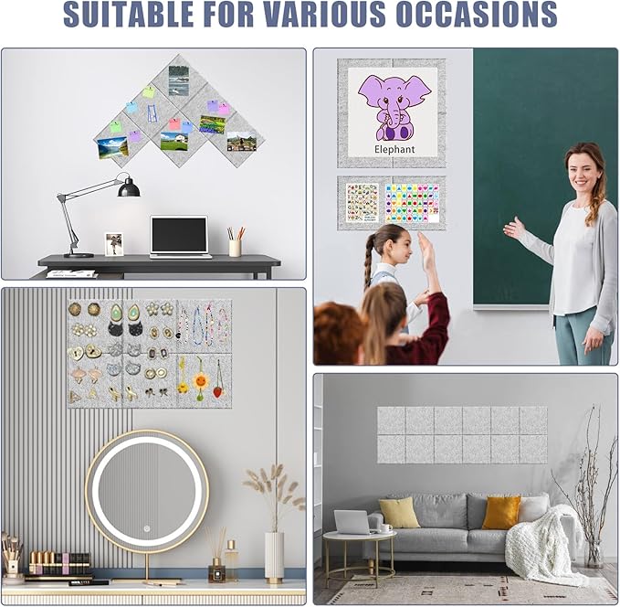 Large Cork Board Alternative 36" X 24" Bulletin Board - 6 Pack Removable Felt Wall Tiles with 15 pushpins, Large Cork Boards for Walls Cork Board for Office Pin Board Tack Board - Silver Gray