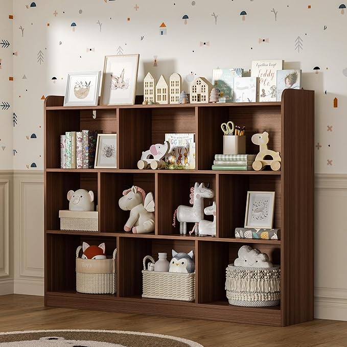 DIYART Brown Bookshelf, Wood Bookcase with 3 Tier Open Shelves, 10-Cube Minimalist Storage Shelf for Living Room, Bedroom, 55.1" W x 42.5" H