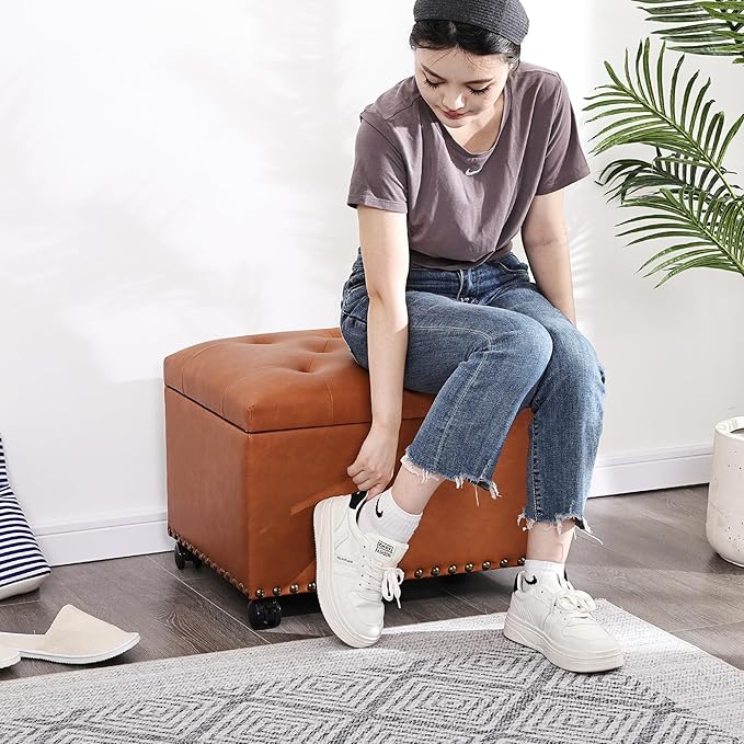 Decent Home 24" Square Ottomans with Storage, Leather Ottoman with Storage with Lockable Wheels and Hight Loading, Foot Stool Ottoman with Wheels for Makeup Room, Dorms and Apartments (Orange Brown)