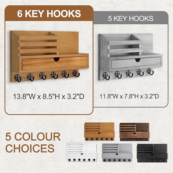 Lucundm Key Holder Wall Mount, Mail Holder with Storage Drawer and 6 Key Hooks for Coat, Dog Leash, Home Decor Rack, House Accessories, Entry Way Organizer