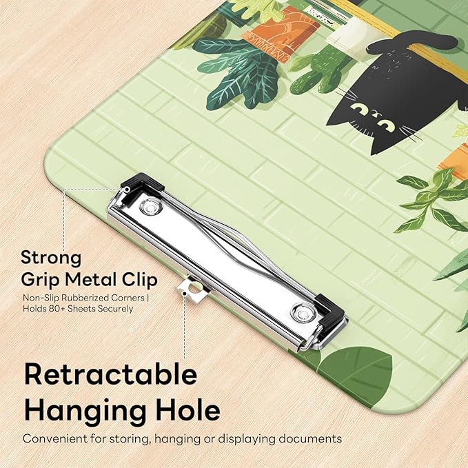 Luminzo Plastic Cute Clipboard Low-Profile Metal Clip, A4 Letter Size 9 x 12.5 in, 8.5 x 11 Paper Clip Board for Teachers, Nurses, Classroom,Cafe Black Cat