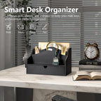 Rebee Vision Pine Wooden Mail Organizer for Desk - Modern Farmhouse Desk Organizer with Drawer & Dividers - 4-Slot Letter Sorter for Mail & Small Essentials - Office Organizer for Home Decor (Black)