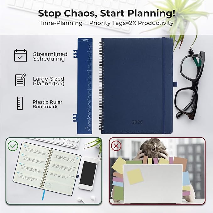 IN-LUXPRO Planner 2026 Daily Weekly and Monthly,11.5"x8.5",12 Months Spiral Bound Calendar Agenda with Self-adhesive Pen Holder,2026 Appointment Book with Vegan Leather Soft Cover,Blue