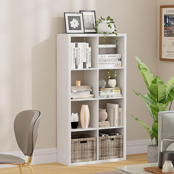 Jpiziso 8 Cube Storage Organizer, Cube Shelf with Heavy-Duty Thick Boards, 25.12" L x 9.37" W x 48.74" H, Smooth Easy-Clean Panels, Simple Assembly, for Living Room Bedroom Office, White