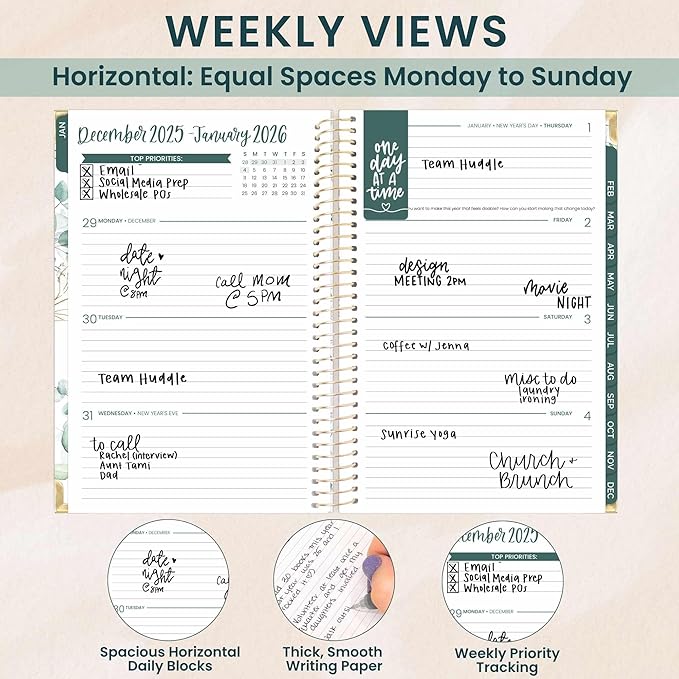 bloom daily planners HARDCOVER 2026 Planner (January to December) - A5 Task Goal Organizer - Monthly & Weekly Inspirational Agenda Book - 5.5" x 8.25" - Eucalyptus, White