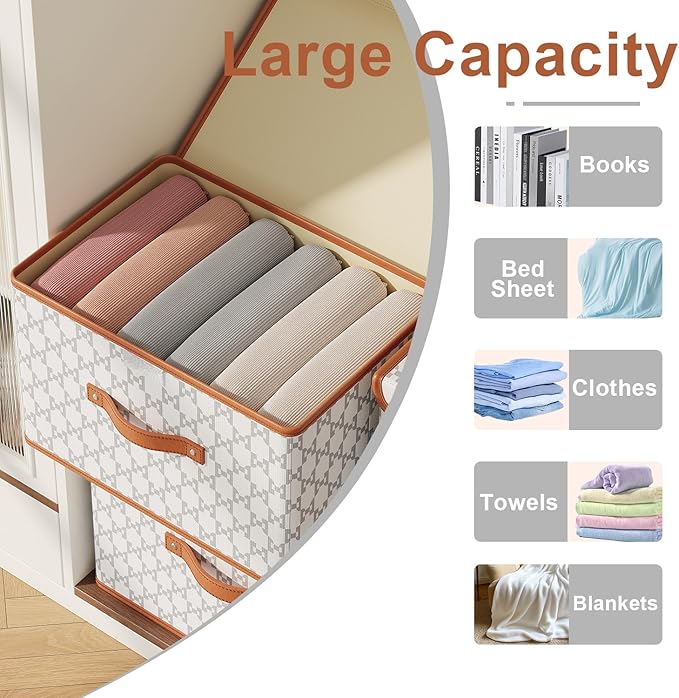 Tuza 4 Pack Fabric Storage Bins with Lids, Collapsible Closet Organizer Container, Decorative Storage Boxes with Lids for Organizing Clothes, Blanket, Grey & White, Large