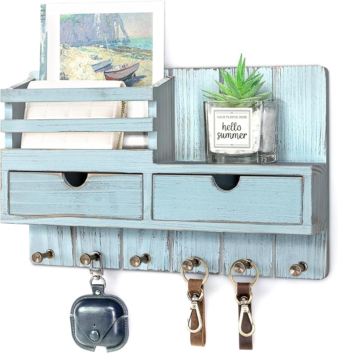Rebee Vision Decorative Key Holder Wall Mount with 2 Drawer Organizer - Modern Mail Organizer with 6 Key Hooks & Shelf - Home Decor Aesthetic for Apartment Essentials (Distressed Blue)