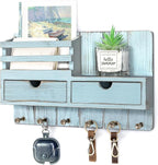 Rebee Vision Decorative Key Holder Wall Mount with 2 Drawer Organizer - Modern Mail Organizer with 6 Key Hooks & Shelf - Home Decor Aesthetic for Apartment Essentials (Distressed Blue)