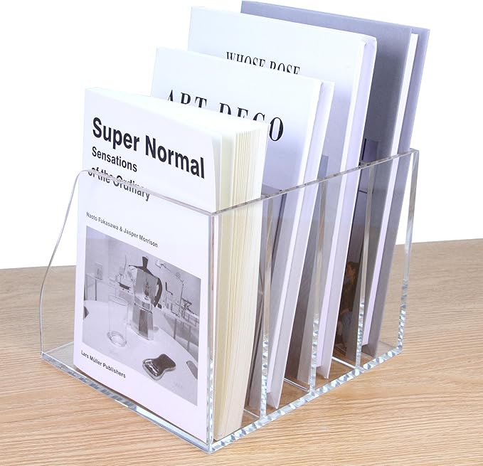 AIMOLLY Acrylic Magazine File Holder, 4 Vertical Compartments Desk Document Sorter Organizer, Clear Folder Rack Binder for Office/Home/Classroom, for Documents, Tablet, Magazines, Books & Accessories