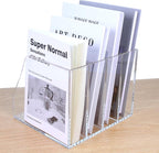 AIMOLLY Acrylic Magazine File Holder, 4 Vertical Compartments Desk Document Sorter Organizer, Clear Folder Rack Binder for Office/Home/Classroom, for Documents, Tablet, Magazines, Books & Accessories