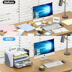 OPNICE Desk Organizer, 4-Tier Desktop File Organizer with Drawer and 2 Pen Holders, Office Desk Accessories, File Sorters, Workspace Organizers for Office Supplies(Black)