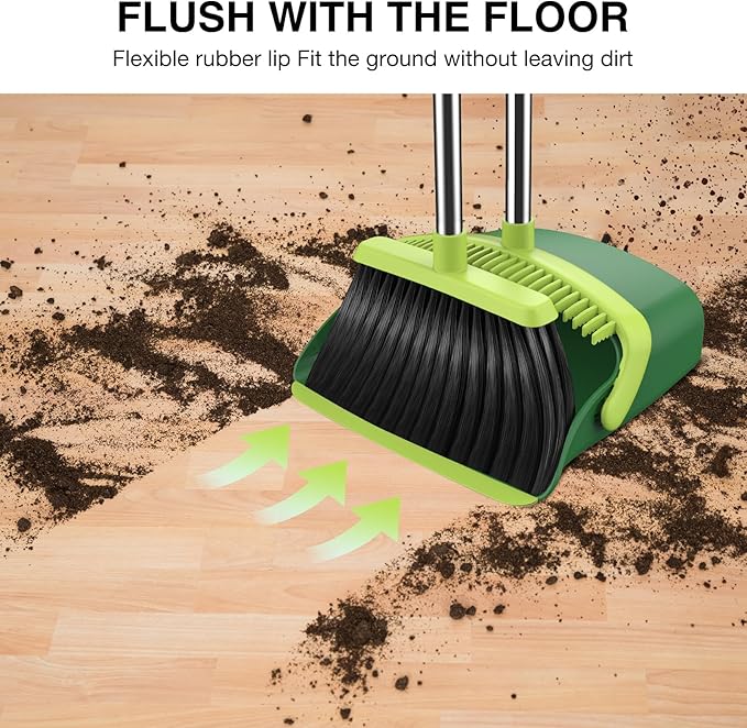 Broom and Dustpan Set, 52-in Long Adjustable Handle Broom Dustpan Combo with Dust pan Teeth to Automatically Clean Hair Suitable for Home Kitchen Office Hall Floor（Green）