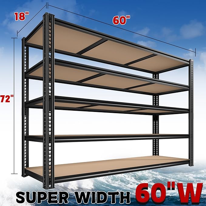 ROOMFAVE 3500LBS Garage Shelving 60" W Metal Shelving 72" H Storage Shelves Heavy Duty 5 Tier Adjustable Shelving Unit for Storage Rack Pantry Shelf Commercial,60" W x 18" D x 72" H,2PC