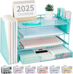 OPNICE Desk Organizer, 4-Tier Desktop File Organizer with Drawer and 2 Pen Holders, Office Desk Accessories, File Sorters, Workspace Organizers for Office Supplies(Teal Blue)