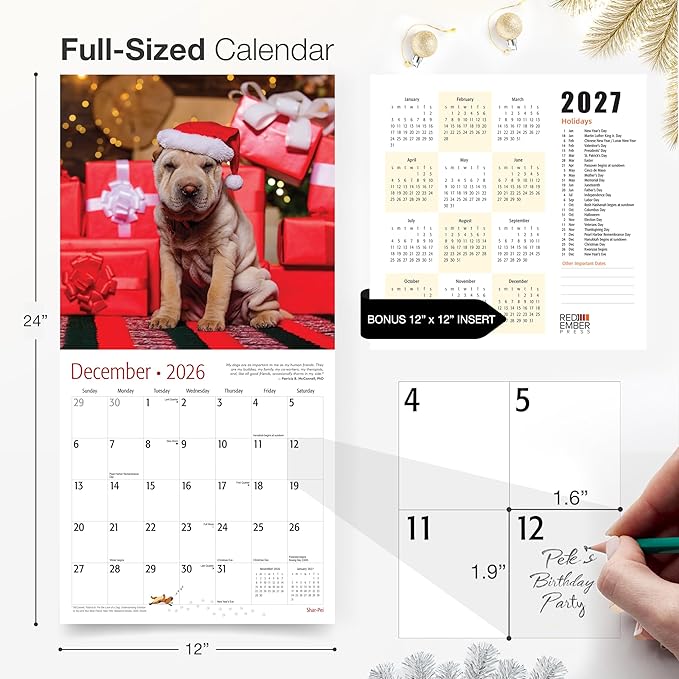 RED EMBER Shar-Pei 2026 Wall Calendar 12 Month | 12" x 24" Open | Thick & Sturdy Paper | Holiday Gift | Cute Puppy Dog Calendar 2026