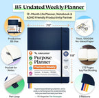 Roterunner Purpose Planner Notebook B5 7.5”x9.8” 12 Month Undated 2026 Daily Weekly and Monthly Productivity Goal Setting Tool for Work Home ADHD Planner for Adults Self Care Journa (Navy)