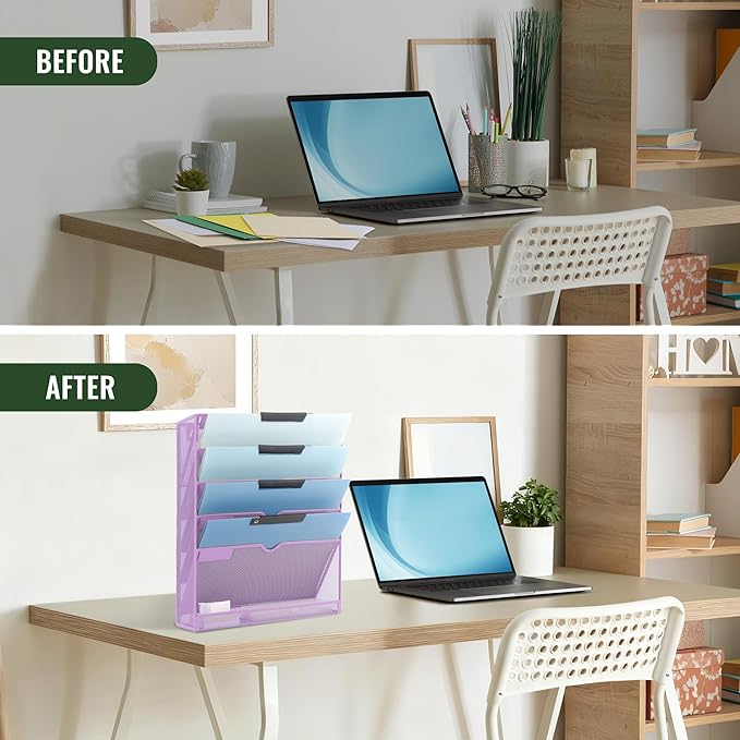 EASEPRES 6 Tier Mesh Hanging Wall File Organizer, Desk Vertical Mail Paper Document Folder Holder Rack with Bottom Tray and Nametag Label for Office Home School, Light Purple