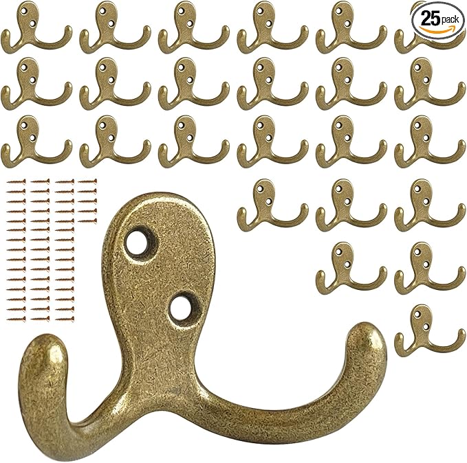 CBWLWJ 25 Pack Coat Hooks Wall Hooks for Hanging, Heavy Duty Double Prong Metal Hook Wall Mounted for Living Room, Bathroom, Kitchen, Bedroom for Coat, Bag, Scarf, Towel, Hat, Key, Cup (Bronze)