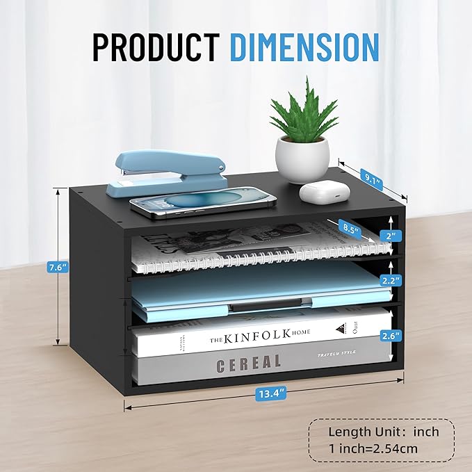 SHARKWOODS Wood Desk Organizer, 3 Tier Paper Tray Organizer for Desk with Adjustable Storage Shelves, Printer Stand Desktop File Organization Paper Sorter Mail Holder for Office Home Classroom, Black