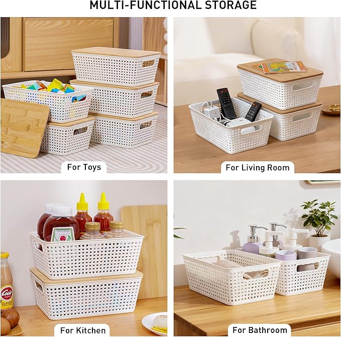 Anywish Small Storage Bins with Lids 6 Packs, Plastic Storage Basket with Bamboo Lid for Pantry Organization and Storage Containers for Shelves Drawers Desktop Closet Playroom Office Home, White