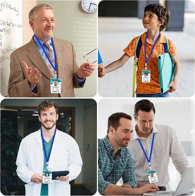 100 Pcs Clear Vertical Badge Id Card and 100 Pcs Lanyard, Reusable Lanyards for Id Badge Holder Name Tag Badge Holder with Lanyards for Adults Kids Business School Conferences (Blue)