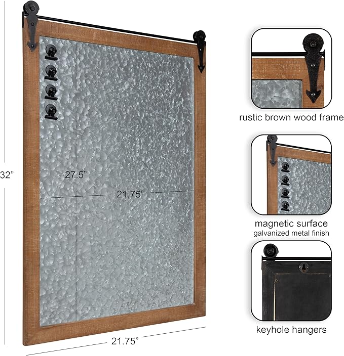 Kate and Laurel Cates Modern Farmhouse Barn Door Wood Framed Galvanized Metal Magnetic Memo Board, Rustic Brown