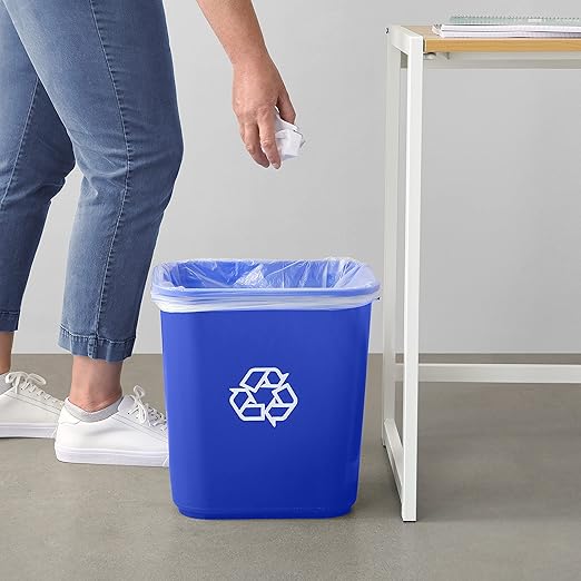 Amazon Basics Rectangular Commercial Office Wastebasket, w/Recycle Logo, 7 gallon (Pack of 2), Blue