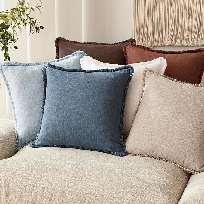 Foindtower Set of 2 Decorative Linen Fringe Throw Pillow Covers Cozy Farmhouse Cushion Cover with Tassels Accent Pillowcase for Couch Chair Sofa Bed Living Room Home Decor,22×22 Inch,Dark Blue
