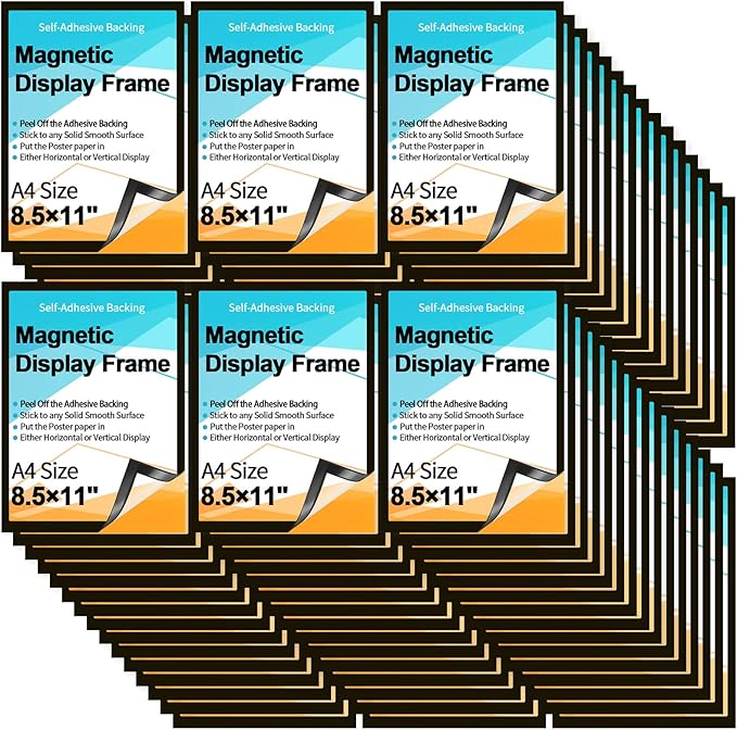 Marspark 64 Pc Magnetic Sign Holder 8.5 x 11 Self Adhesive Wall Mount Magnetic Document Paper Holder Display Picture Frame with Border and Clear PVC Front Cover for Office Wall Window Store