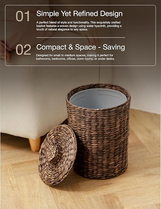 Tidita 4 Gallons Wicker Waste Basket - Water Hyacinth Bathroom Trash Can - Garbage Can with Lid Boho Style - Wicker Trash Can with Lid for Bedroom, Kitchen - Removable Liner (Black Color)
