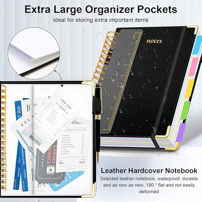 Hardcover Spiral Notebook 6.2"x 8.2" Journal Notebook with Tabs and Removable Dividers 300 Pages 5 Subject Notebook College Ruled, Faux Leather Spiral Bound Notebook for Women School Work (Black)