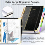 Hardcover Spiral Notebook 6.2"x 8.2" Journal Notebook with Tabs and Removable Dividers 300 Pages 5 Subject Notebook College Ruled, Faux Leather Spiral Bound Notebook for Women School Work (Black)