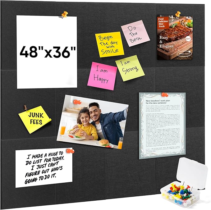 VUSIGN Large Cork Board for Wall 47"x35", 12 Pack Bulletin Board, Felt Wall Tiles with Adhesive Tabs and Push Pins, Push Pin Board for Office, School, Home, Black