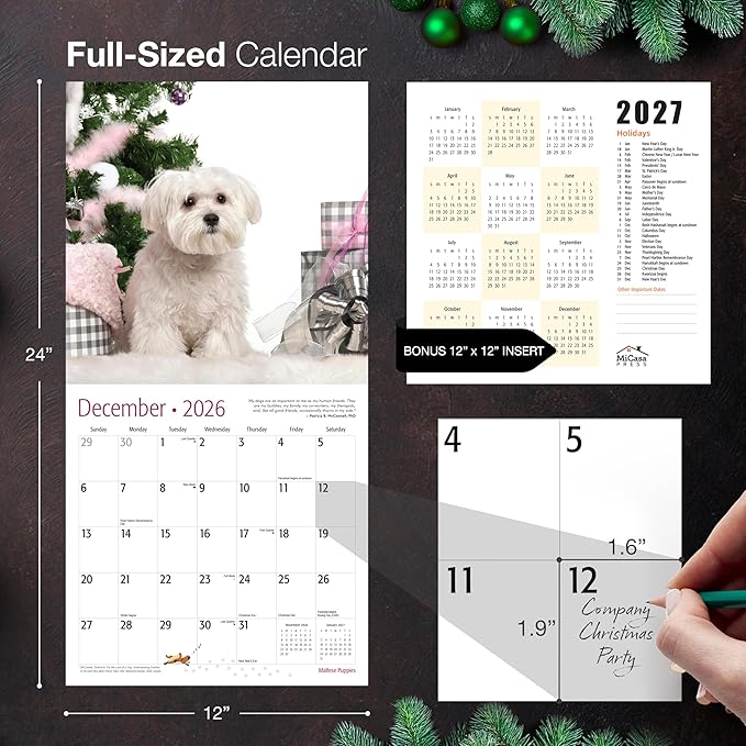 MICASA PRESS Maltese Puppies 2026 Wall Calendar 12 Month | 12" x 24" Open | Thick & Sturdy Paper | Holiday Gift | Cute Puppy Dog Calendar 2026