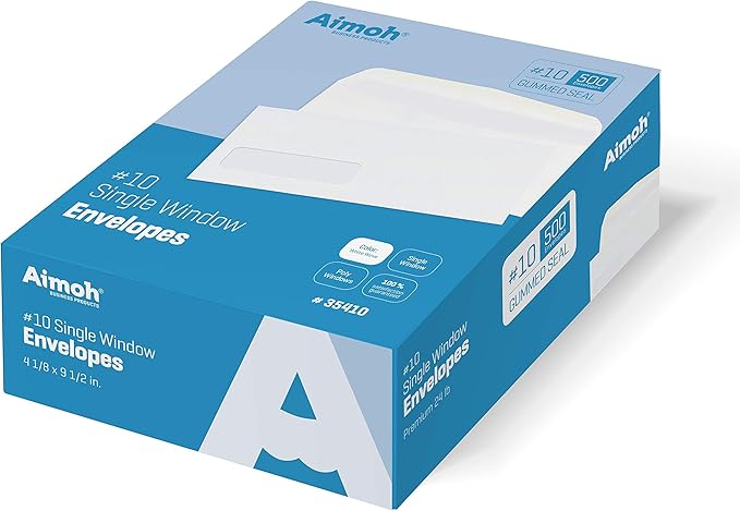 Aimoh #10 Single Left Window Envelopes -Gummed Closure -Size 4-1/8x9-1/2 Inches -24LB-500 Count(35410)