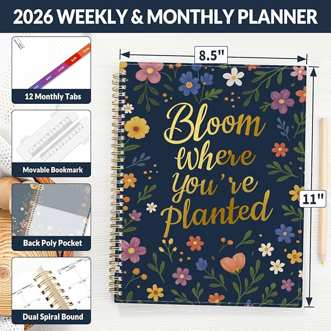 SUNEE 2026 Weekly and Monthly Planner - from January 2026 - December 2026, Daily Agenda Planner with Monthly Tab, Flexible Cover, Note Pages, Pockets, Bookmark, Spiral Binding, Navy Flower, 8.5"x11"