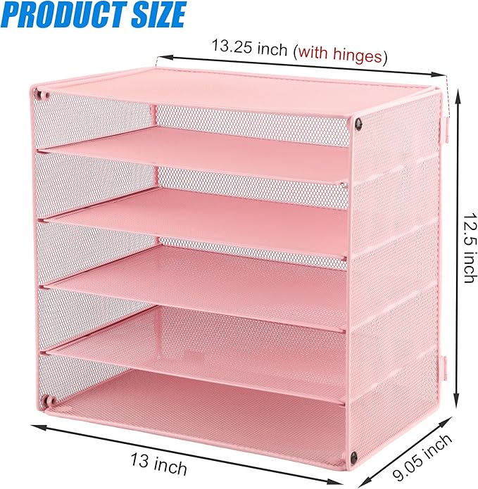 EASEPRES 5 Slot Mesh Desk Organizer Tray, File Paper Letter Folder Holder Desktop Paper Sorter Mail Organization Rack Storage Accessories, for Office Home School Classroom, Pink