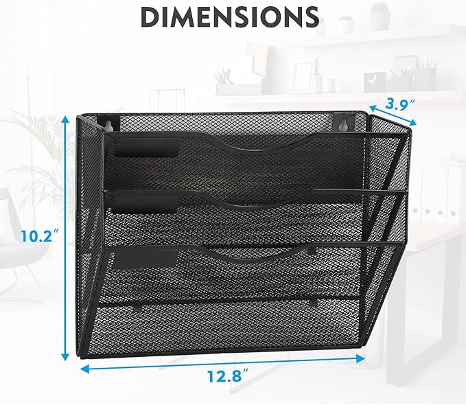 EASEPRES Magnetic 3 Pocket Mesh Hanging Wall File Organizer, Wall Mounted Mail Paper Document Folder Holder, Clipboard Storage Magazine Rack with Nametag Label for Office Home School, Black