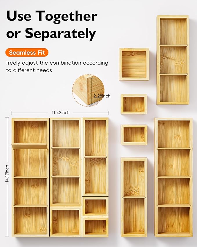 VA1KENE 6PCS Desk Drawer Organizer Tray with 12 Compartments – Bamboo Office Storage Boxes Set for Junk Drawer Supplies, Utensils, Cosmetics, Jewelry and More