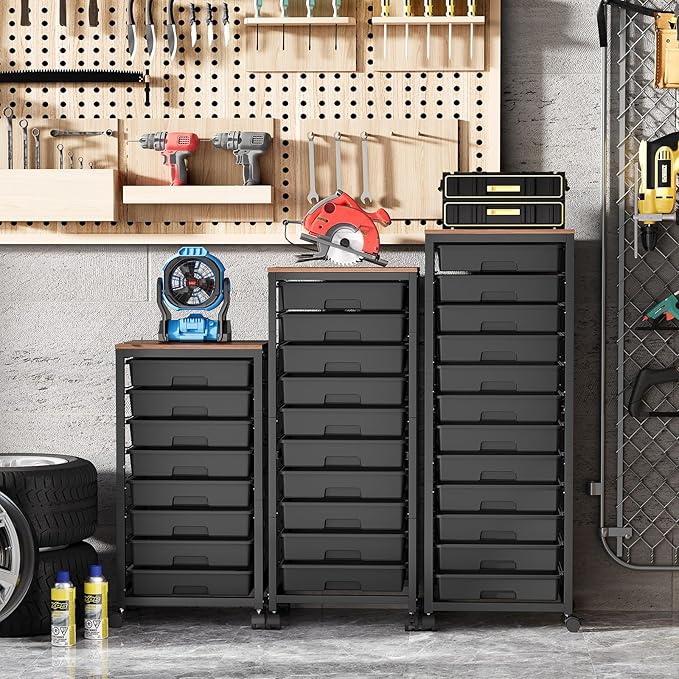 SYKIARIOL Rolling Cart with Drawers,10 Drawer Rolling Cart,Rolling storage cart with drawers,Black Rolling Drawer Cart,Teacher Rolling Cart for Classroom Storage,Craft Cart with Wooden Tabletop