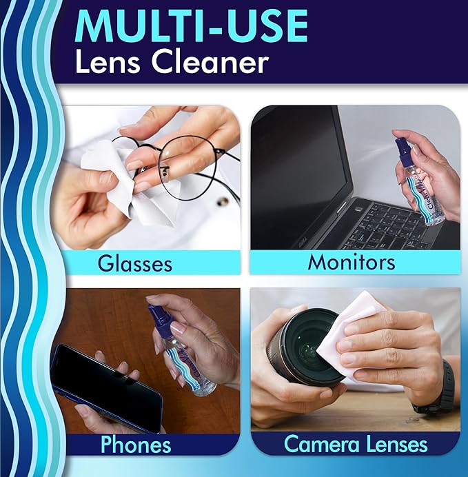 Clear View Lens Cleaner Kit – 4 Bottles + 4 Microfiber Cloths | Streak-Free Eyeglass & Screen Cleaning Spray | Safe for AR & Blue-Light Lenses | 8 oz + Travel Sizes